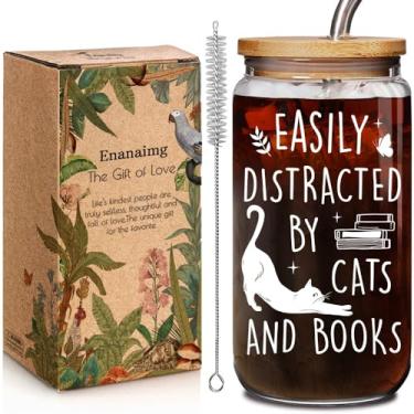 Imagem de Copos de vidro de 473 ml para amantes de livros de gatos de Natal com tampa e canudo presentes para leitores ávidos por livros mulheres, melhores acessórios de leitura para amantes de gatos
