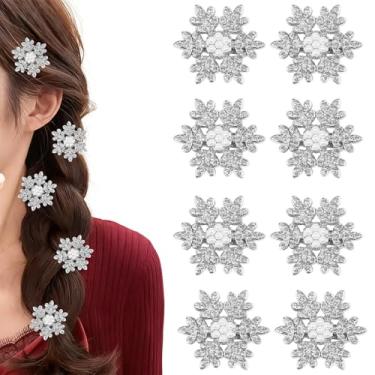 Imagem de 8 peças de grampos de cabelo de floco de neve para mulheres, prendedores de cabelo de Natal para meninas, mini strass pérola, acessórios de cabelo de casamento de ano novo