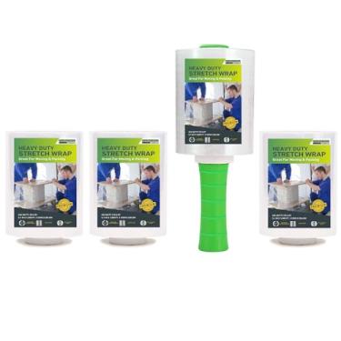 Imagem de Mini rolo de filme elástico transparente, 12,5 cm x 2,5 m, 4 pacotes com 1 alça de plástico, envoltório de plástico industrial autoaderente para embalagem de paletes, embalagem resistente, movimento