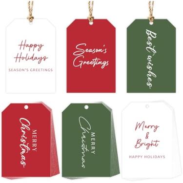Imagem de Etiquetas de presente de Natal modernas, 48 peças de etiquetas de papel de Natal com cordão, etiquetas de nome de 5 cm x 7,6 cm para personalizar presentes de Natal, caixas de presente, decoração, 6
