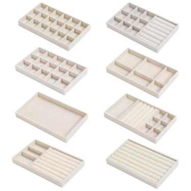 Imagem de Conjunto organizador de bandejas de joias, 8 peças de inserções de gavetas de veludo, vários tamanhos para anéis, brincos, pulseiras, colar, armazenamento de relógios na cômoda do armário