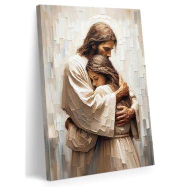 Imagem de FWAHREN Arte de parede em tela de Jesus cristão, arte de pintura religiosa texturizada abraçando mulher, quadro bíblico emoldurado, pôster impresso, decoração de parede para igreja, sala de oração