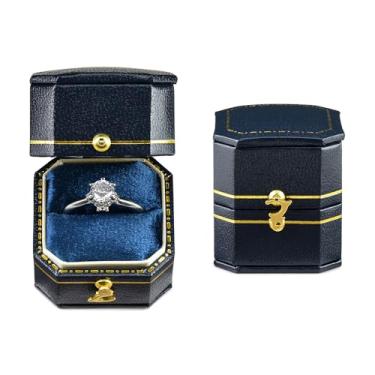 Imagem de TAIMY Caixa de anel de casamento estilo vitoriano clássico, caixa de anel de presente feita à mão tamanho de bolso pequena caixa de joias de lembrança (azul, octógono quadrado)
