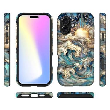 Imagem de ilikediy Capa híbrida para iPhone 17 com 2 camadas rígidas de silicone com estampa protetora - vitral ondas do oceano sol