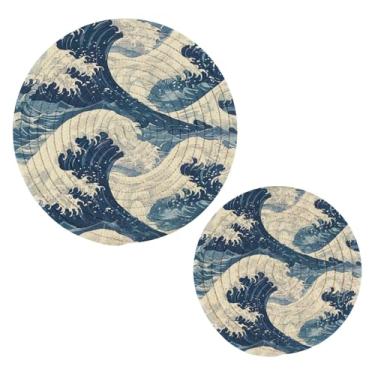 Imagem de Blueangle 2 peças de suporte de panela de trivet de ondas japonesas - conjunto de pegadores de panela de tecido redondo - almofadas quentes trançadas de algodão - porta-copos - tapetes de mesa para