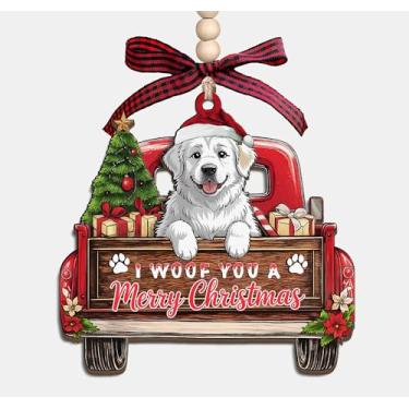 Imagem de Enfeite de madeira I Woof You A Merry Christmas - Caminhão de Natal com Cão Grande Pirenéus 3 camadas de madeira enfeite de lembrança presentes para mulheres, homens, amantes de animais de estimação e