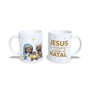 Imagem de Caneca Natalina com Presépio, Jesus O Verdadeiro Sentido do Natal, Cerâmica Branca, Decoração Religiosa com Arte Dourada, 325ml (23167)