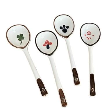 Imagem de Concha de sopa Conjunto de colheres sopa 4 peças, redondas cerâmica, lindas estilo japonês, colher asiática porcelana, jantar para, caldo cereal, chá leite, 6,7 polegadas