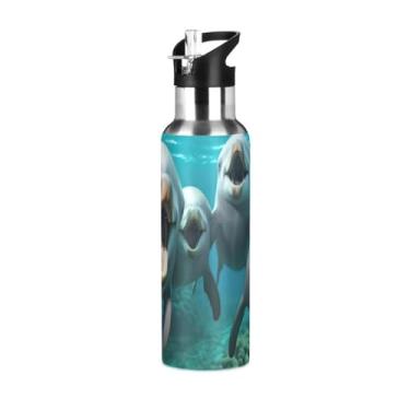 Imagem de Wassud Garrafa de água esportiva de aço inoxidável com isolamento a vácuo Cute Dolphins 600 ml com tampa de canudo à prova de vazamento, copo portátil, academia, viagem