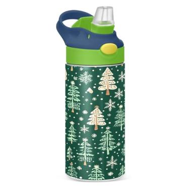 Imagem de YETTASBIN Garrafa de água de árvore de Natal para crianças, 340 g, à prova de vazamento, parede dupla, isolada, garrafa de água de aço inoxidável, copo de viagem com tampa de canudo para meninas