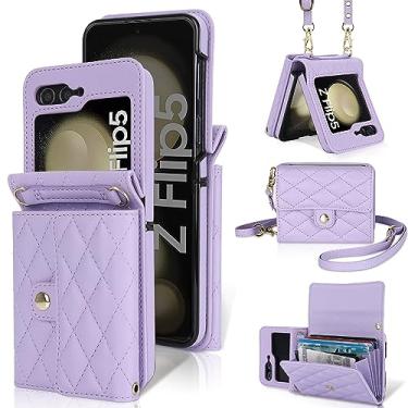 Imagem de CASEOWL Compatível com Samsung Galaxy Z Flip 5 Capa carteira de couro transversal com porta-cartão, alça de ombro removível e alça de pulso para mulheres, roxo