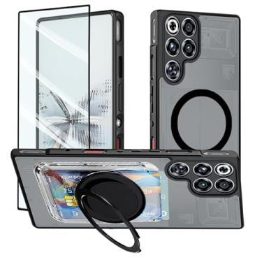 Imagem de Guizzcg Capa para ZTE Nubia Red Magic 11 Pro/11 Pro+ com suporte de cartão magnético, amortecedor de TPU macio + parte traseira translúcida fosca de policarbonato militar airbags proteção contra