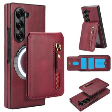 Imagem de Carteira removível compatível com carregamento sem fio Magsafe para Samsung Galaxy Z Fold6 com suporte para cartão, bolso com zíper, suporte 2 em 1 capa à prova de choque (vinho vermelho)