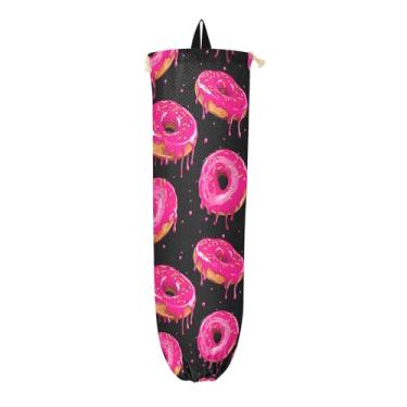 Imagem de Donut com cobertura rosa em suporte de sacola de compras preta, bolsa organizadora de parede, bolsa para sacolas plásticas