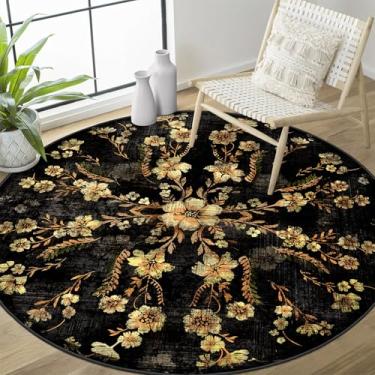 Imagem de Castage Tapete redondo dourado preto de 1,2 m, tapetes florais laváveis para entrada de quarto, banheiro, boêmio, vintage, envelhecido, oriental, círculo, antiderrapante, flores
