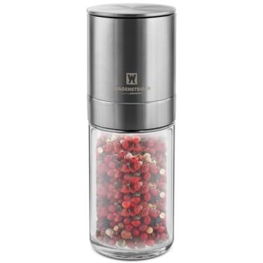 Imagem de Moedor de pimenta manual de 140 mm × 50 mm – Moedor de cerâmica ajustável para tempero fino a grosso | Corpo de aço inoxidável e vidro | Design de enchimento fácil para sal, pimenta e especiarias |