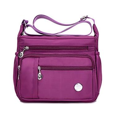 Imagem de SYYHOME Bolsa de ombro feminina de nylon, bolsa tiracolo com vários bolsos, bolsa mensageiro à prova d'água, Roxa, Large