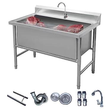 Imagem de Pia comercial independente de aço inoxidável pia utilitária de aço inoxidável pia grande tigela única com torneira e kit de drenagem (100 cm/39,4 pol, prata)