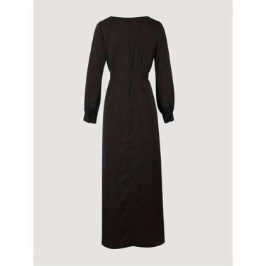 Imagem de Vestido monocromático no peito abotoado para senhoras, robe elegante, 