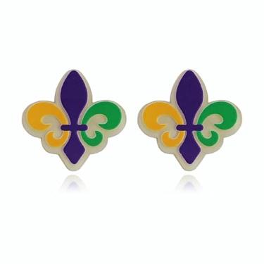 Imagem de Brincos femininos de carnaval carnaval fofos e delicados brincos de carnaval de acrílico com flores de arco-íris roxo e verde dourado acessórios para mulheres, Small, Acrílico, Sem pedra preciosa