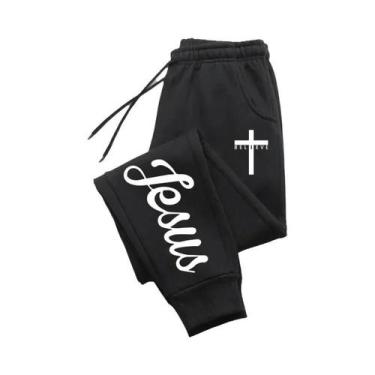 Imagem de Calças De Moletom Masculinas Com Cordão E Estampa De Cruz De Jesus, Co