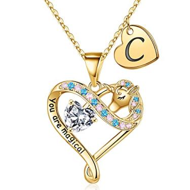 Imagem de Joias de aniversário, presentes para filha, irmã, amiga, neta, banhado a ouro 14K, com pingente de unicórnio, para mulheres, fofo, colorido, coração, zircônia cúbica, berloques da moda, 18+2.5", Latão