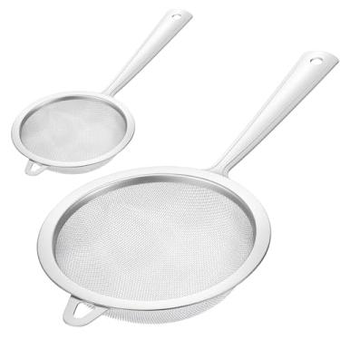 Imagem de Escorredor de peneira de aço inoxidável de malha fina - pacote com 2, colher grande e pequena de malha fina para filtro de óleo de cozinha, colher de escumadeira para remoção de espuma de graxa