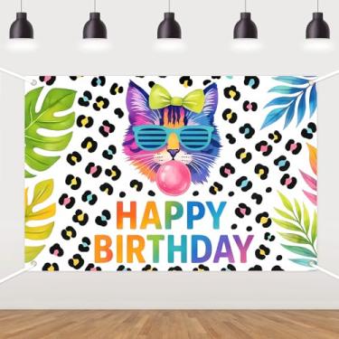 Imagem de Pano de fundo de feliz aniversário para meninas tema leopardo, decoração de cabine de fotos de gato leopardo colorido para mulheres, artigos de festa de aniversário