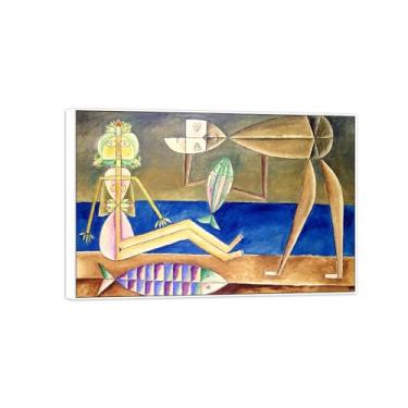 Imagem de Victor Brauner famosa pintura em tela de arte de parede pronta para pendurar - figuras na praia - quadro em moldura branca para decoração de sala de estar 20 x 30 cm 8 x 12 pol