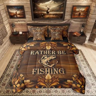 Imagem de Erosebridal Conjunto de cama rústico de peixe robalo rústico para meninos, meninos, peixe, lúcio, lençol de solteiro, vintage, floral, cabana, marrom, para crianças, adultos, caça, animais, todas as