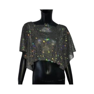 Imagem de Top Cropped Feminino Brilhante Com Strass Transparente Decote Quadrado