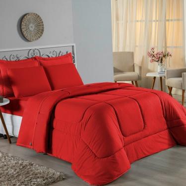 Imagem de Kit Edredom Dupla Face + Jogo De Lençol Casal Nobre 7 Peças Malha 100% Algodão - Vermelho