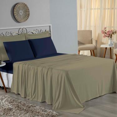 Imagem de Jogo De Cama King Nobre 4 Peças Lençol Com Elástico De 30cm De Altura Malha 100% Algodão - Avelã / Azul-marinho
