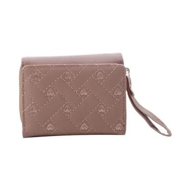 Imagem de Carteira Feminina Curta De Couro PU Com Padrão De Amor Bordado, Dobráv