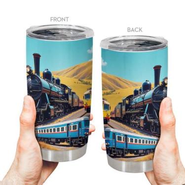 Imagem de Copo de viagem, caneca de café Oasisdream, 600 ml com estampa de trem