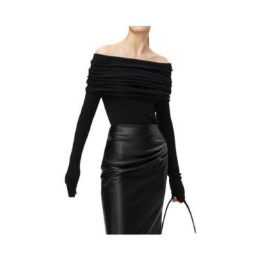 Imagem de Suéter Feminino De Tricô Ombro a Ombro Elegante Manga Longa Slim Fit P