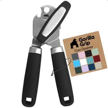 Imagem de Gorilla Grip Abridor de lata manual de borda lisa de aço inoxidável resistente original com alça de toque suave, à prova de ferrugem, botão portátil de giro fácil, abridores de tampa grandes, preto