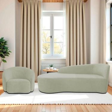 Imagem de Kit Divã Recamier Orgânico França 140cm Lado Esquerdo E Poltrona Amore Bouclé Verde Oliva