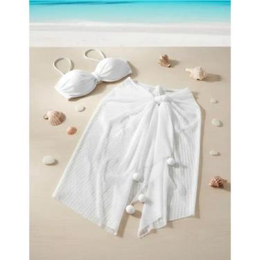 Imagem de Canga Saída De Praia Versátil Sarong Lenço Branco Pompom - Haneef Coll