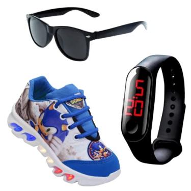 Imagem de Kit Tênis Led Infantil Menino Masculino Sonic + Relógio + Óculos, Tamanho 25