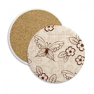 Imagem de Caneca vintage simples, marrom, borboleta, com flores, porta-copos, copo, proteção de mesa, pedra absorvente