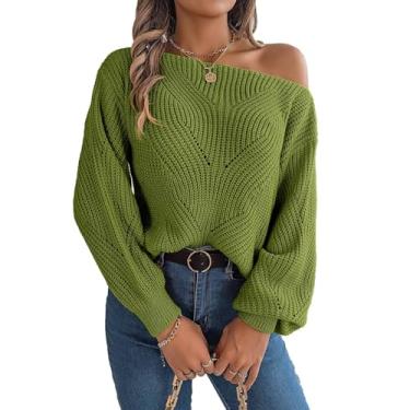 Imagem de Suéter feminino casual, ombro de fora, tricotado solto, pulôver de cor pura, sexy, básico, tricô, Verde, M