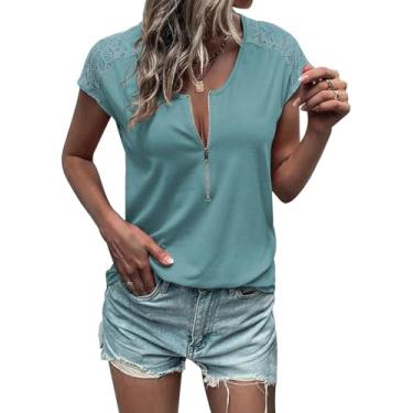 Imagem de Camisetas femininas de renda de manga curta com zíper e gola redonda e caimento solto, Lago azul, P