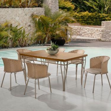 Imagem de Mesa de Jantar Retangular Aço Nobre Roma com Tampo Ripado e 6 Cadeiras Estofadas Revestidas em Junco Sintético - Champanhe