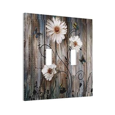 Imagem de Placa de parede rústica textura floral borboleta margarida 2 gangues duplo alternador placas de parede estilo fazenda estilo de madeira capa de interruptor de luz decorativa placa de interruptor elétrico para decoração de quarto banheiro