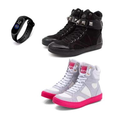 Imagem de Kit 2 Tênis Sneaker Fitness Feminino Botinha Academia + Relógio - Bawm