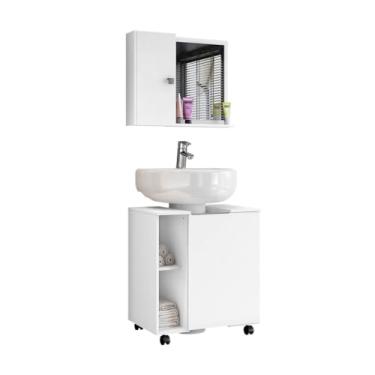 Imagem de Armário Para Banheiro Kit Completo Gabinete Para Pia De Coluna Com Rodízios Pequin E Armario Espelheira Gênova (Branco)