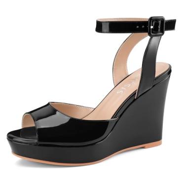 Imagem de Sandálias femininas plataforma plataforma redonda peep bico aberto tira no tornozelo fivela slingback salto alto salto social sapatos de couro envernizado, Patente preta, 40