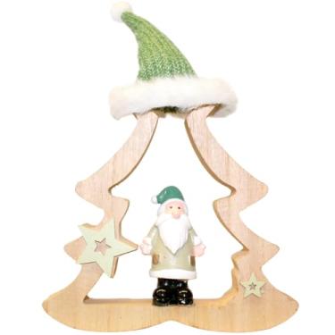 Imagem de Decoração Natal de Luxo Madeira Mini Arvore com Gorro de Tricô e Papai Noel 23cm