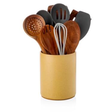 Imagem de Nucookery porta-utensílios, porta-utensílios de cozinha de cerâmica de 6,4 "para bancada com fundo de cortiça de proteção, decoração de cozinha de fazenda vintage para balcão (areia amarela)